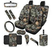 TOADDMOS Camo Forest Car Seat Covers Full Set 14 Pack Hand Brake Cover Shift Knob Cover Steering Wheel Cover Auto Seat Belt Cover Auto Center Console Pad for Cars SUV Sedans