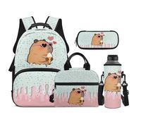 TOADDMOS Capybara 4 Piece School Backpack Set with Lunch Bag Pen Bag Water Bottle Carrier with Compartments Ice Cream Bookbags Gift for Girls Boys