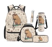TOADDMOS Capybara 5 Piece School Backpack Set with Lunch Bag Pencil Case Water Bottle Bag Carrier Lanyard Keychain Large Capacity Backpack for Elementary Middle School