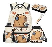 TOADDMOS Capybara 5 Piece School Backpack Set with Lunch Bag Pencil Case Water Bottle Bag Carrier Lanyard Keychain Large Capacity Backpack for Kids Teens