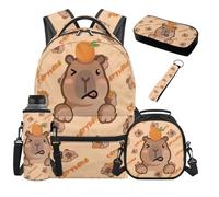 TOADDMOS Capybara 5 Piece School Backpack Set with Portable Lunch Bag Orange Pencil Case Water Bottle Bag Lanyard Keychain Cute Backpack for Middle School