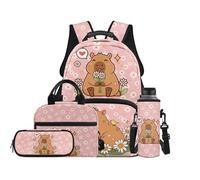 TOADDMOS Capybara Backpack School Set 4Pcs with Lunch Box Pencil Case Water Bottle Carrier with Compartments for Elementary School Students