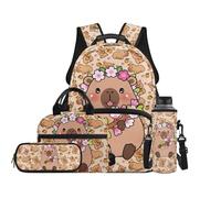 TOADDMOS Capybara Kids Backpack Set for Girls 4Pcs with Lunch Bag Pencil Case Water Bottle Carrier Fashion Florals Bookbag for Teens Girls Middle School