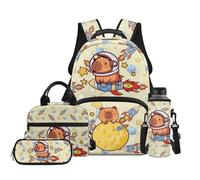 TOADDMOS Capybara School Backpack Set 4Pcs with Lunch Box Multifunctional Pencil Case Water Bottle Bag Carrier Rockets Bookbags for Kids Ages 8-14 Year Olds