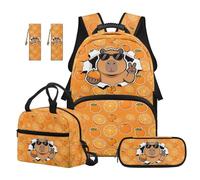 TOADDMOS Capybara School Backpack Set of 5 with Portable Lunch Bag Multifunctional Pencil Case 2 Pcs Bookmark Cool Orange Bookbag for Kids