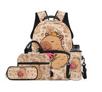 TOADDMOS Cartoon Capybara School Backpack Set 4Pcs with Portable Lunch Bag Multifunctional Pencil Case Water Bottle Bag Carrier Suitable for Elementary Middle School