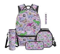 TOADDMOS Cartoon Dinosaur Backpack School Set 5Pcs with Lunch Bag Multifunctional Pencil Case Water Bottle Bag Carrier Lanyard Keychain Cute Toddler Bookbag