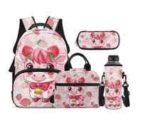 TOADDMOS Cow Backpack School Set 4Pcs with Strawberry Lunch Box Pencil Case Water Bottle Carrier with Compartments for Elementary School Students
