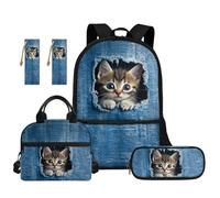 TOADDMOS Denim Cat School Backpack Set for Girls 5Pcs with Portable Lunch Bag Multifunctional Pencil Case 2Pcs Bookmark for Elementary Middle School