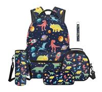 TOADDMOS Dinosaur School Backpack Set 5Pcs with Planets Lunch Bag Pencil Case Water Bottle Bag Carrier Lanyard Keychain Lightweight Casual Daypack