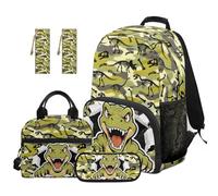 TOADDMOS Dinosaur School Backpack Set of 5 Large Capacity Backpack with Camo Lunch Bag Pencil Case 2 Piece Bookmark for Kids Teens Toddler