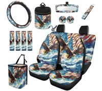 TOADDMOS Eagle Flag Automobile Seat Covers Full Set 15 Pack Auto Seat Belt Cover Car Trash Can Steering Wheel Cover Car Storage Box Rear View Mirror Cover Fit for Most Cars