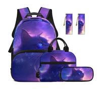 TOADDMOS Galaxy Cat School Backpack Set 5Pcs with Portable Lunch Bag Multifunctional Pencil Case 2 Piece Bookmark for Elementary Middle School