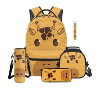 TOADDMOS Giraffe Backpack School Set 5Pcs with Lunch Bag Multifunctional Pencil Case Water Bottle Bag Carrier Lanyard Keychain Cute Toddler Bookbag