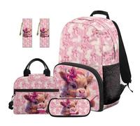 TOADDMOS Highland Cow 5 Piece Kids Backpack Set with Lunch Box Pencil Case 2 Pcs Bookmark Large Capacity Bow Bookbag with Compartments for Kids Teens Toddler