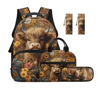 TOADDMOS Highland Cow 5 Piece School Backpack Set Large Capacity Bookbag Florals Lunch Box Pen Bag 2 Pcs Bookmark for Kids Teens Boys Girls