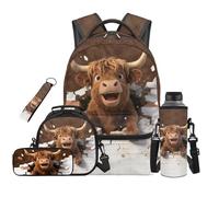 TOADDMOS Highland Cow 5 Piece School Backpack Set with Portable Lunch Bag Pencil Case Water Bottle Bag Lanyard Keychain Cute Backpack for Middle School