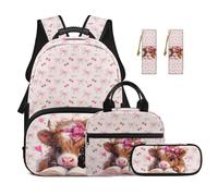 TOADDMOS Highland Cow Kids Backpack Set of 5 Portable Lunch Bag Multifunctional Pencil Case 2 Piece Bookmark Cute Bow School Bag for Elementary Students