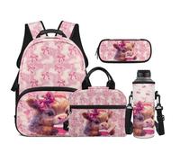 TOADDMOS Highland Cow School Backpack Set 4Pcs with Bow Lunch Box Multifunctional Pencil Case Water Bottle Bag Suitable for Kids Teens Elementary Middle School