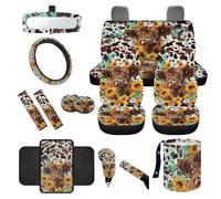 TOADDMOS Highland Cow Sunflower Auto Seat Covers Full Set 14 Pcs Auto Center Console Armrest Pad Hand Brake Covers Shift Knob Cover Steering Wheel Cover Seat Belt Pads for Cars