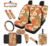 TOADDMOS Hippie Flower Automobile Seat Covers Set 14 Pcs Auto Center Console Armrest Pad Steering Wheel Cover Hand Brake Cover Seat Belt Pads Shift Knob Cover for Most Cars