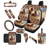 TOADDMOS Horse Aztec Tribal Automobile Seat Covers Set 14 Pcs Auto Center Console Armrest Pad Steering Wheel Cover Hand Brake Covers Seat Belt Pads Shift Knob Cover for Cars