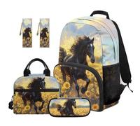 TOADDMOS Horse Kids Backpack Set of 5 Portable Lunch Bag Multifunctional Pencil Case 2 Piece Bookmark Cute Sunflowers School Bag for Elementary Students