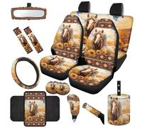 TOADDMOS Horse Sunflower Car Seat Covers Full Set 14 Pack Auto Center Console Armrest Pad Steering Wheel Covers Auto Seat Belt Cover Hand Brake Cover Shift Knob Cover for Cars