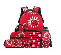 TOADDMOS Ladybug 4 Piece Kids Backpack Set with Lunch Bag Pen Bag Water Bottle Bag Carrier Cute Daisy Daypack for Elementary School Boys and Girls