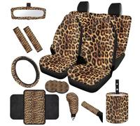 TOADDMOS Leopard Print Auto Seat Covers Set of 14 Car Garbage Can Steering Wheel Cover Hand Brake Cover Shift Knob Cover Seat Belt Pads Rear View Mirror Cover for Most Cars