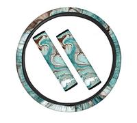 TOADDMOS Marble Green Print Car Steering Wheel Cover & Seat Belt Shoulder Pads Universal Fit Auto Truck SUV-3 Piece Car Accessories Set