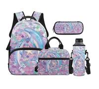 TOADDMOS Mermaid Scale School Backpack Set 4Pcs with Dolphin Lunch Box Multifunctional Pencil Case Water Bottle Bag Carrier for Kids Ages 8-14 Year Olds