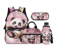 TOADDMOS Panda 4 Piece School Backpack Set with Lunch Bag Pen Bag Water Bottle Carrier with Compartments Cute Florals Bookbags Gift for Girls Boys