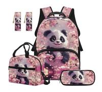 TOADDMOS Panda 5 Piece Kids Backpack Set with Lunch Box Pencil Case 2 Pcs Bookmark Cherry Blossom Large Capacity Bookbag with Compartments for Kids Teens Toddler