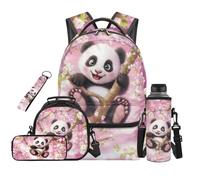 TOADDMOS Panda 5 Piece School Backpack Set with Portable Lunch Bag Cherry Blossom Pencil Case Water Bottle Bag Lanyard Keychain Cool Backpack for High School