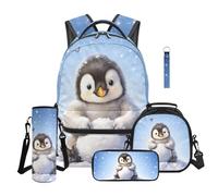TOADDMOS Penguin School Backpack Set for Girls 5Pcs with Portable Lunch Bag Pencil Case Water Bottle Bag Lanyard Keychain Fashion Backpack for Kids Teens