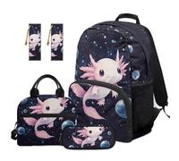 TOADDMOS Pink Axolotl 5Pcs School Backpack Set with Lunch Bag Pencil Case 2 Pcs Bookmark Fashion Bookbag Suitable for Elementary School Students