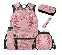 TOADDMOS Pink Axolotl School Backpack Set 5Pcs with Florals Lunch Bag Multifunctional Pencil Case Water Bottle Bag Carrier Lanyard Keychain Large Capacity