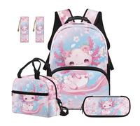 TOADDMOS Pink Axolotl School Backpack Set of 5 Large Capacity Backpack with Lunch Bag Pencil Case 2 Piece Bookmark for Kids Teens Toddler