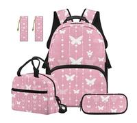 TOADDMOS Pink Butterfly Kids Backpack Set of 5 with Portable Lunch Bag Pen Bag 2 Piece Bookmark Fashion School Bag for Elementary Middle School