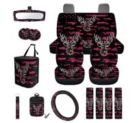 TOADDMOS Pink Camo Deer Auto Seat Covers Full Set 15 Pieces Auto Seat Belt Cover Car Garbage Can Steering Wheel Covers Rear View Mirror Cover Car Storage Box for Most Cars