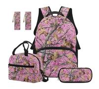 TOADDMOS Pink Camo Hunting 5 Piece School Backpack Set with Portable Lunch Bag Pencil Case 2 Pcs Bookmark Large Capacity Bookbag for Travel