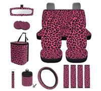 TOADDMOS Pink Leopard Print Car Seat Covers Full Set 15 Pieces Car Garbage Can Steering Wheel Cover Rear View Mirror Cover Seat Belt Pads Cars Storage Box for Cars SUV Sedans