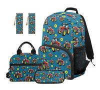 TOADDMOS Red Tractor Kids Backpack Set of 5 Large Capacity School Backpack with Portable Lunch Bag Multifunctional Pencil Case 2 Piece Bookmark