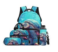 TOADDMOS Sleeping Turtle 4 Piece Kids Backpack Set with Portable Lunch Bag Pen Bag and Water Bottle Carrier Large Capacity Bookbag for Boys & Girls Ages 8-14