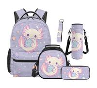 TOADDMOS Space Axolotl Kids Backpack Set 5Pcs with Lunch Bag Multifunctional Pencil Case Water Bottle Bag Lanyard Keychain Cool Bookbag for Kids Teens