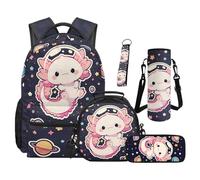 TOADDMOS Space Axolotl School Backpack Set of 5 with Lunch Bag Pen Bag Set Cool Bookbag Water Bottle Bag Carrier for Elementary High School