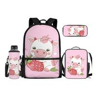 TOADDMOS Strawberry Cow Backpack and Lunch Bag Pencil Case Water Bottle Sleeve for Elementary School Bookbag Kindergarten Preschool Back Pack Set of 4 Pcs