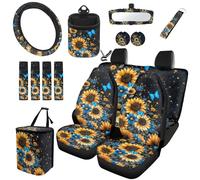 TOADDMOS Sunflower Butterfly Car Seat Covers Full Set 15 Pieces Rear View Mirror Cover Car Garbage Can Steering Wheel Cover Seat Belt Pads Cars Cup Coasters Fit for Most Cars