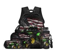 TOADDMOS Tractor 4Pcs Boys Backpack Set with Portable Lunch Bag Multifunctional Pencil Case Water Bottle Bag Lightweight Flag Bags for Travel Sports